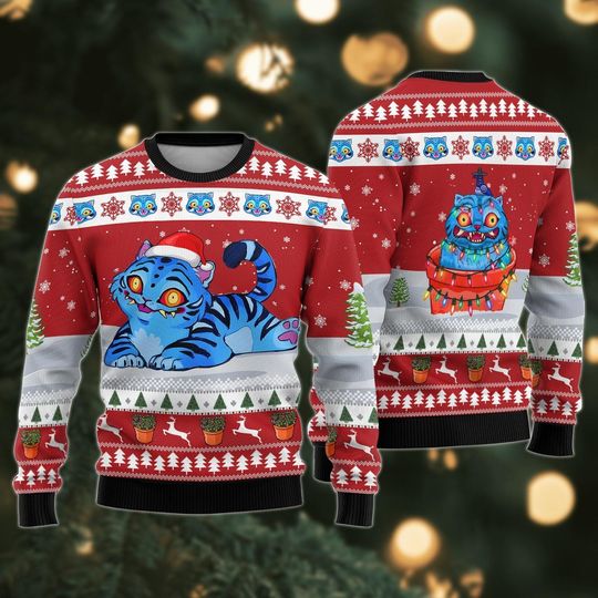 Discover Blue Tiger Ugly Christmas Sweater, Cute Kawaii Tiger Sweater, Christmas Gift for Men Women, Funny Xmas Holiday Gift