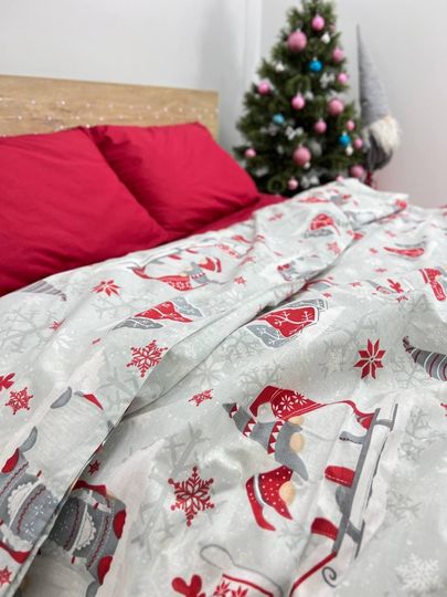Discover Red Scandinavian Gnome Bedding Set | Christmas Duvet Cover, Sheet & Pillowcases | 100% Cotton Percale Holiday Bed Set, Nordic Winter Dcor