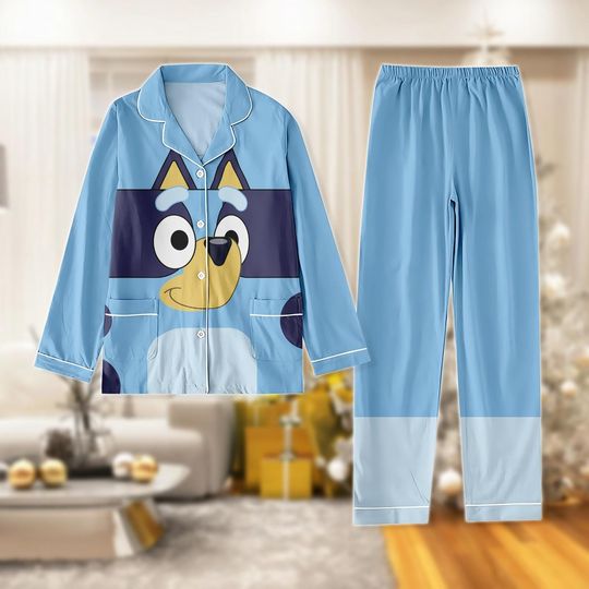 Discover Blue Dog Pajamas Set, Christmas Pajamas for Kids, Women, Blue Dog Satin Sleepwear Set, Holiday Gift, Matching Family Christmas PJs