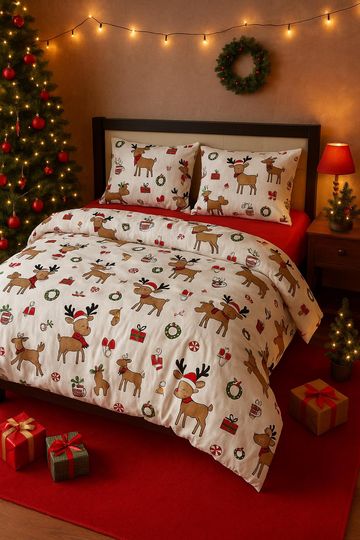 Discover Christmas Flannel Bedding Set with Cotton Sheets and Duvet Cover, Winter Holiday King Size Vintage Handmade Bedding