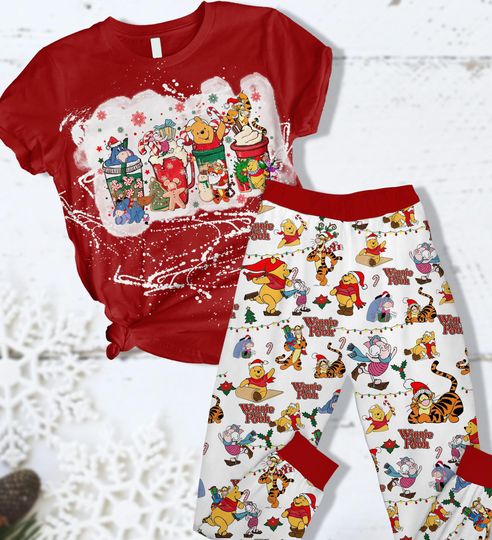 Winnie The Pooh Coffee Christmas T-Shirt Pajamas Set, Pooh And Friends Pajama, Family Christmas, Magic Kingdom Tee, Christmas Pajama Pants