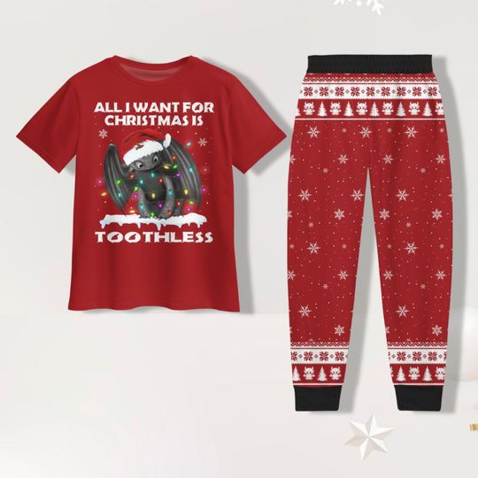 Toothless Christmas Lights T-Shirt Pajamas Set, Women Pajama Pants, How Train Dragon Xmas Shirt, Disneyland Christmas Family Pajamas