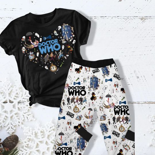 Doctor Who Christmas T-Shirt Pajamas Set, Police Box Pajama, Family Pj Set, Doctor Who Tv Series Shirt, Tardis Shirt, Pajama Party Set