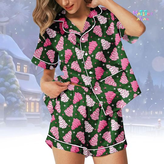 Discover Christmas Tree Cakes Satin Pajama Set for Women, Holiday Sleepwear with Pocket, Matchy Family Xmas Lounge Set