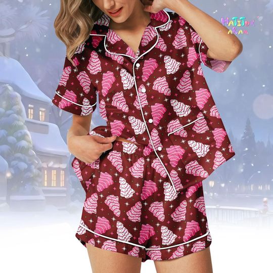 Discover Women’s Christmas Tree Cakes Satin Pajama Set with Pockets, Holiday Sleepwear, Matching Family Xmas Outfit
