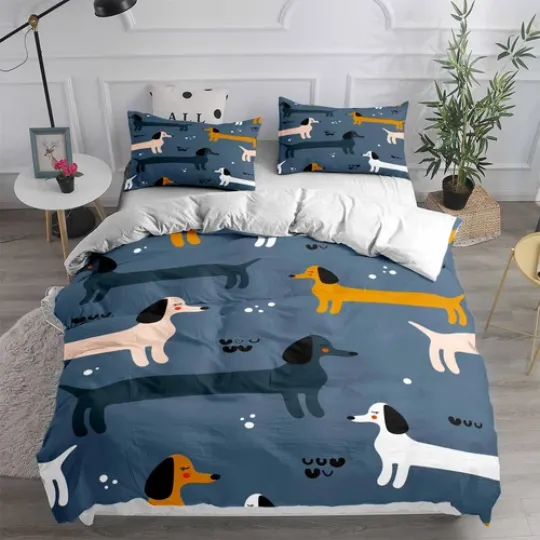 Discover Cartoon Dachshund Dog Blue Bedding Set with Duvet Cover and Pillowcases