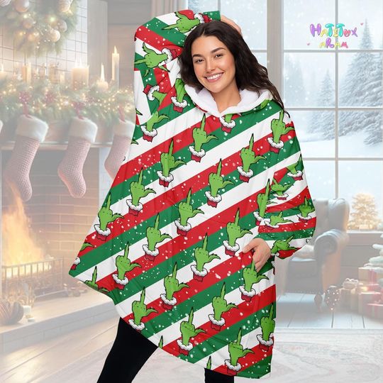 Discover Green Christmas Hoodie Blanket, Funny Character Christmas Fleece Blanket Hoodie, Christmas Hoodie, Christmas Blanket, Xmas Gift