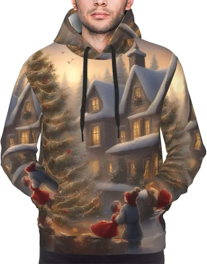 Discover Winter Scene Hoodie Snow House Family Art Print Long Sleeve Pullover