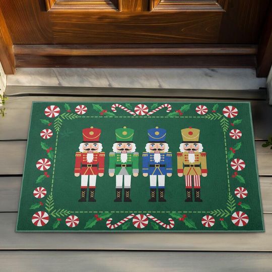 Discover Nutcracker Christmas Doormat, Festive Holiday Entry Rug with Soldiers and Peppermint Border, Cute Christmas Front Door Mat, Christmas Gift