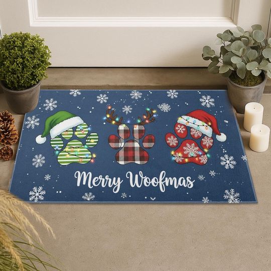 Discover Merry Woofmas Christmas Doormat, Funny Dog Paw Print Holiday Welcome Mat, Pet Lover Front Porch Decor, Festive Entry Rug for Dog Owners