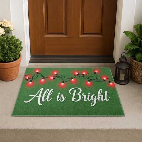 Discover All Is Bright Christmas Doormat, Holiday Front Porch Decor with Red Lights, Festive Outdoor Entry Rug, Winter Welcome Mat Decoration Gift