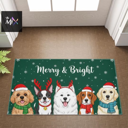 Merry and Bright Christmas Doormat, Cute Dogs Holiday Door Mat with Santa Hats and Reindeer Antlers, Xmas Gift for Dog Lovers