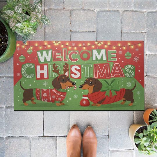 Discover Doormat: Welcome Christmas Dachshund Holiday Entry Rug  Festive Front Porch Floor Mat