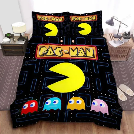 Discover Pac-Man Four Colored Ghosts & Maze Quilt Duvet Cover Set Double