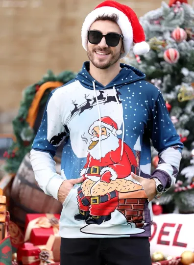 Discover Blue Santa Hoodie Humor Print Winter Casual Hooded Sweat Top