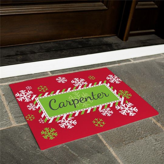 Discover Snowflake Red and Green Personalized Christmas Doormat, Christmas Doormat, Festive Doormat, Holiday Doormat
