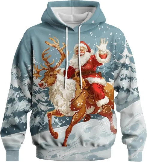 Discover Santa Riding Reindeer Hoodie Winter Snow Scene Christmas Pullover Sweatshirt