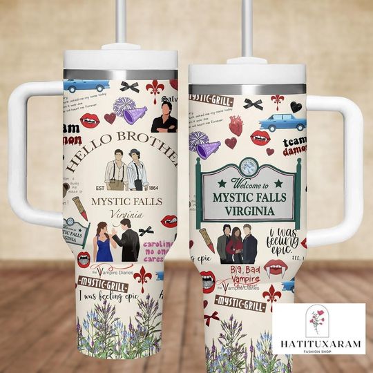 Mystic Falls Virginia 40oz Tumbler with Handle, Stainless Tumbler Vampire Diaries Travel Cup, Hello Brother Damon Stefan