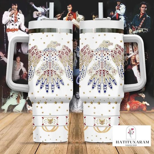 Elvis Presley 40 oz Tumbler with Handle, King of Rock Stainless Steel Cup, Rock N Roll Gift
