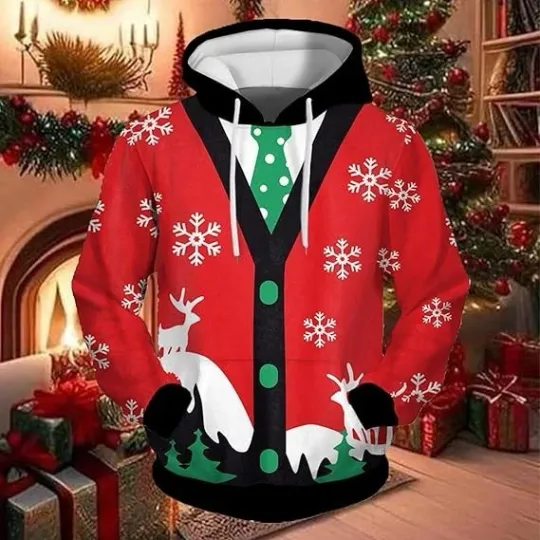 Discover Red Christmas Suit Hoodie 3D Print Snowflake Reindeer Unisex Holiday Pullover
