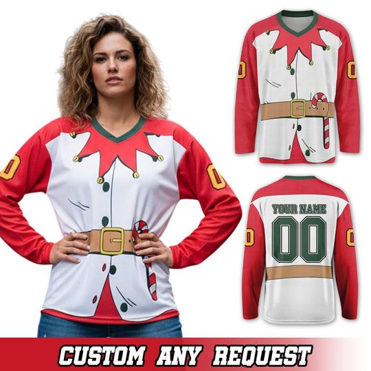 Discover Santa Claus Costume Ice Hockey Jersey, Long Sleeve Jersey For Adult And Kids, Xmas Santa Ice Hockey Jersey, Xmas Gift