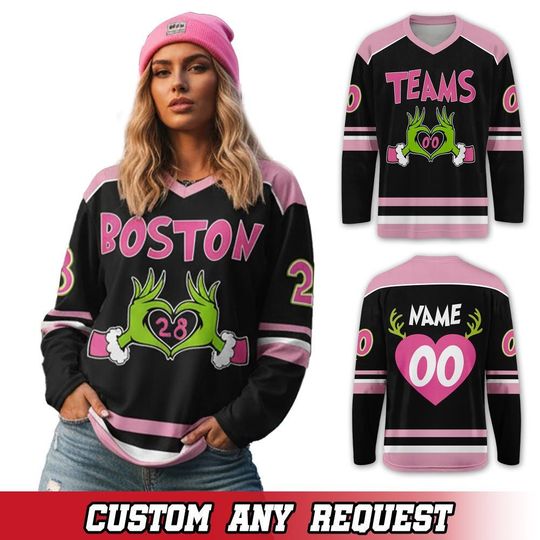 Custom Team Number Gr!nch Christmas Movie Classic Ice Hockey Vneck Jersey, Gr!nch Long Sleeve Shirt, Xmas Gri!nch Movie Jersey