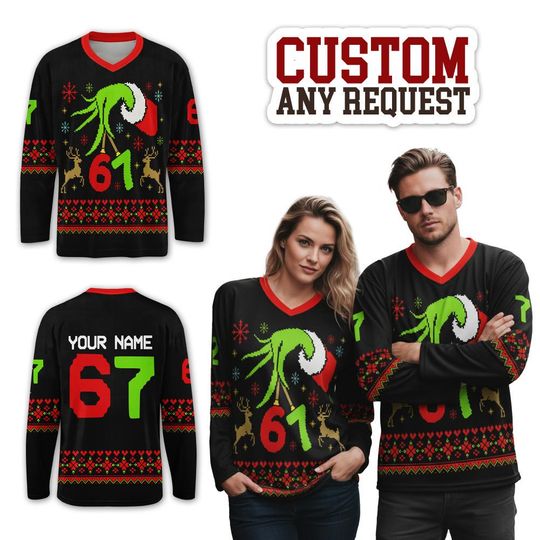 Discover Custom Name 67 Meme Tiktok Trending X Christmas Ice Hockey Vneck Jersey
