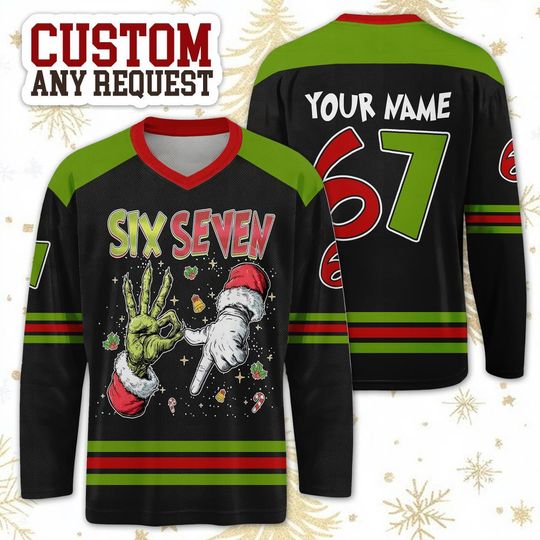 Discover 6 7 Meme Funny Santa Collab Gr!nch Hand Tiktok Trending Ice Hockey Long Sleeve Vneck Jersey For Men Women And Kids, Xmas Gift