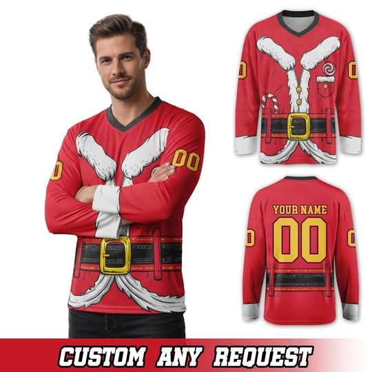 Discover Santa Claus Ice Hockey Jersey Cosplay Boxing Day Long Sleeve Jersey For Adult And Kids, Xmas Ice Hockey Jersey, Santa Claus Gift