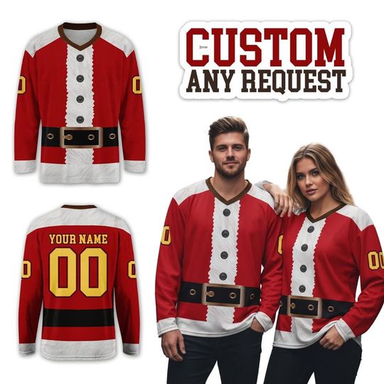 Custom Santa Claus Ice Hockey Jersey Cosplay Boxing Day Long Sleeve Vneck Jersey, Ice Hockey Jersey, Xmas Hockey Jersey Gift