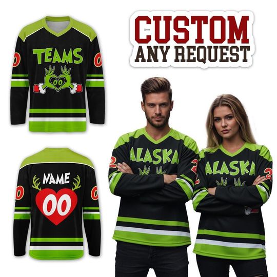 Discover Custom Team Number Christmas Hockey Jersey Full Sizes, Gr!nch Christmas Long Sleeve Vneck Jersey Shirt, Xmas Hockey Jersey Gift
