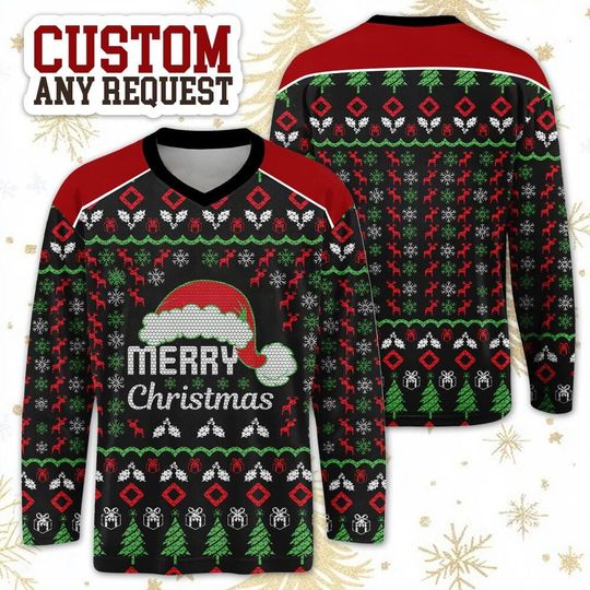 Merry Christmas Ugly Ice Hockey Vneck Jersey, Santa Claus Long Sleeve Jersey, Hockey Jersey, Christmas Gift