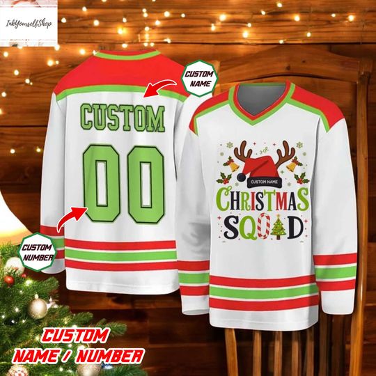 Discover Personalized Christmas Squad Hockey Jersey, Custom Name Number Holiday Outfit, Family Matching Xmas Jersey, Funny Christmas Gift 2025
