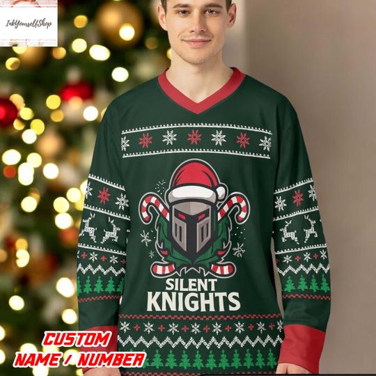 Discover Silent Knights Custom Hockey Jersey,Funny Christmas Team Shirt,Personalized Holiday Hockey Jersey for Men Women,Silent Knights Hockey Jersey