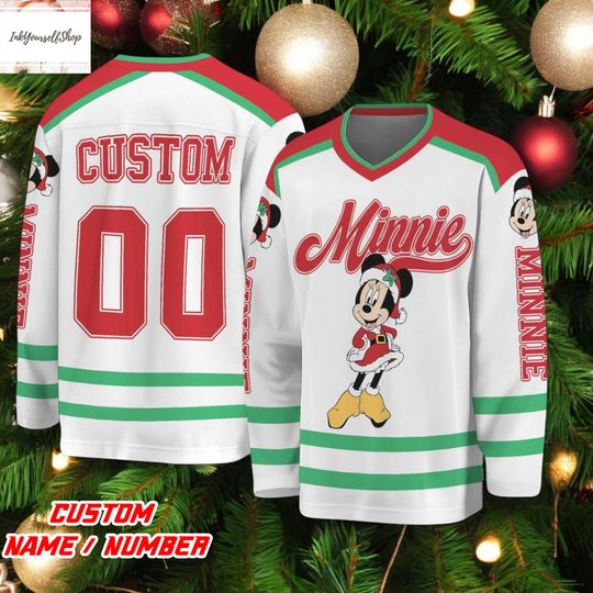 Discover Disney Minnie Mouse Custom Hockey Jersey, Christmas Holiday Jersey, Personalized Minnie Xmas Shirt for Men Women,Disney Minnie Hockey Jersey