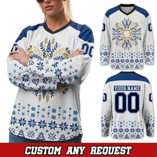 Custom Ugly Hanukkah Ice Hockey Jersey, Merry Christmas Hppy Hanukkah Holidays Long Sleeve Jersey, Gift For Family