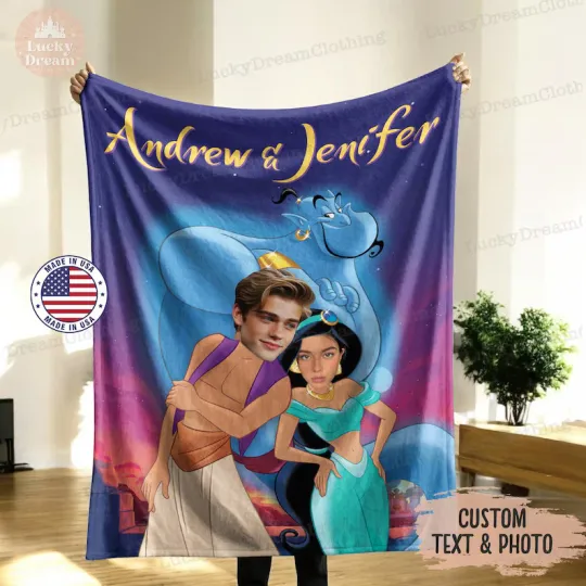 Discover Disney Couple Custom Blanket, Custom Aladdin & Jasmine Fleece Blanket