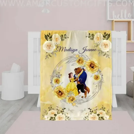Discover Custom Name Princess Belle Blanket, Watercolor Castle Disney Fleece Blanket