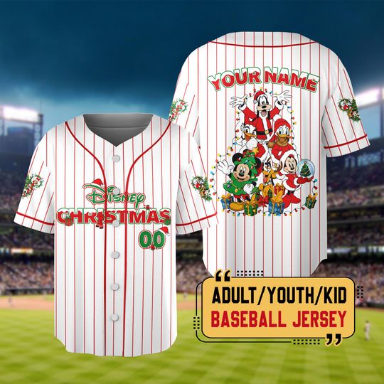 Discover Personalized All Characters Santa Disney Christmas Baseball Jersey, Mickey's Very Merry Christmas Party 2025 Shirt, WDW Trip Jersey Outfit
