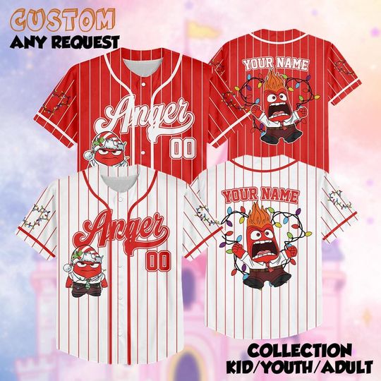 Discover Personalized Anger Christmas Baseball Jersey, Custom Disney Inside Out Shirt, Matching Disney Trip Outfit, Funny Xmas Gift for Fans