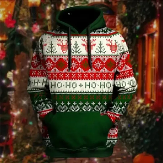 Discover Christmas Knitted Hoodie Red Green Reindeer Snowflake Ho Ho Ho Pullover
