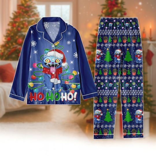 Discover Derpy Cat Christmas Pajamas Set, Funny Blue Cat Ho Ho Ho Holiday PJs, Kpop Christmas Sleepwear Gift, Xmas Pjs Gift, Gift For Her