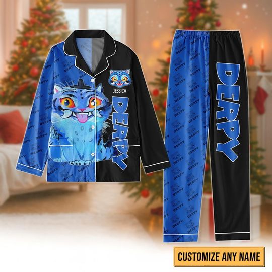Discover Personalized Derpy Cat Pajamas Set, Custom Name Blue Cat Sleepwear, Funny Matching Family PJs, Cute Gift for Cat Lovers