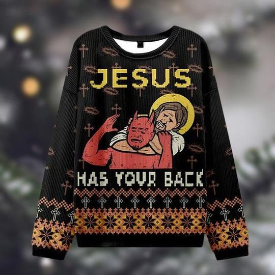 Discover Funny Jesus Christmas Ugly Sweater, Jesus Has Your Back Xmas Sweater, Joy Christian Sweatshirt For Men Women, Xmas Holiday Gifts