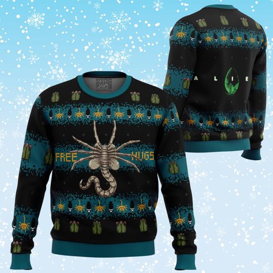 Alien Facehugger Ugly Christmas Sweater, Free Hugs Parody Knit, Sci Fi Horror Holiday Jumper, Unisex Winter Pullover, Gamer Geek Gift