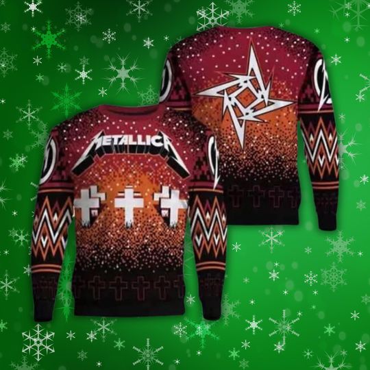 Discover Metal Band Inspired Ugly Christmas Sweater with Cross Gradient, Heavy Rock Fair Isle Knit, Unisex Holiday Party Jumper, Gothic Gift Pullover