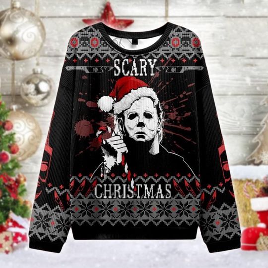 Discover Scary Santa Horror Mask Sweater, Creepy Holiday Outfit, Spooky Xmas Gift, Horror Ugly Christmas Jumper, Halloween Cosplay Pullover