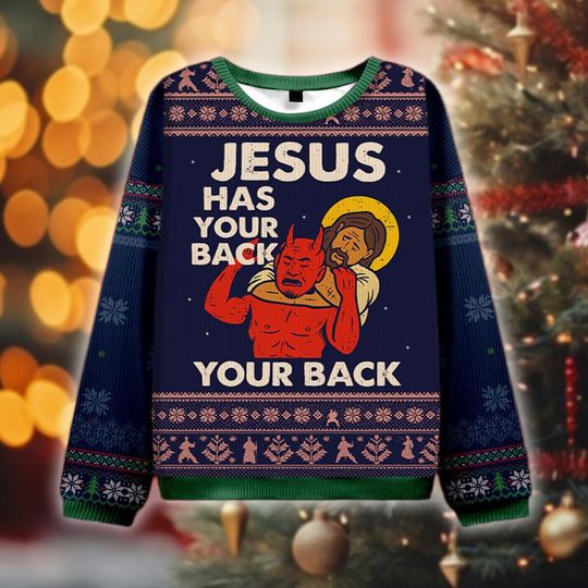 Discover Jesus Has Your Back Ugly Christmas Sweater, Funny Religious Xmas Gift, Jesus Wrestling Sweatshirt, Holiday Party Outfit, Christian Gift