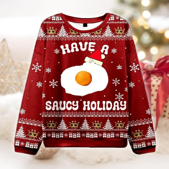 Discover Have A Saucy Holiday Fried Egg Ugly Christmas Sweater, Funny Food Xmas Gift, Pastafarian Sweatshirt, Holiday Party Outfit, Secret Santa