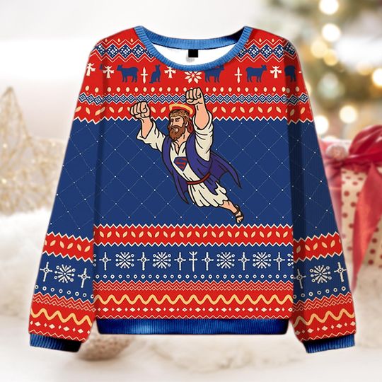 Flying Jesus Ugly Christmas Sweater, Funny Religious Xmas Gift, Christian Holiday Outfit, Secret Santa Gift, Super Jesus Sweatshirt